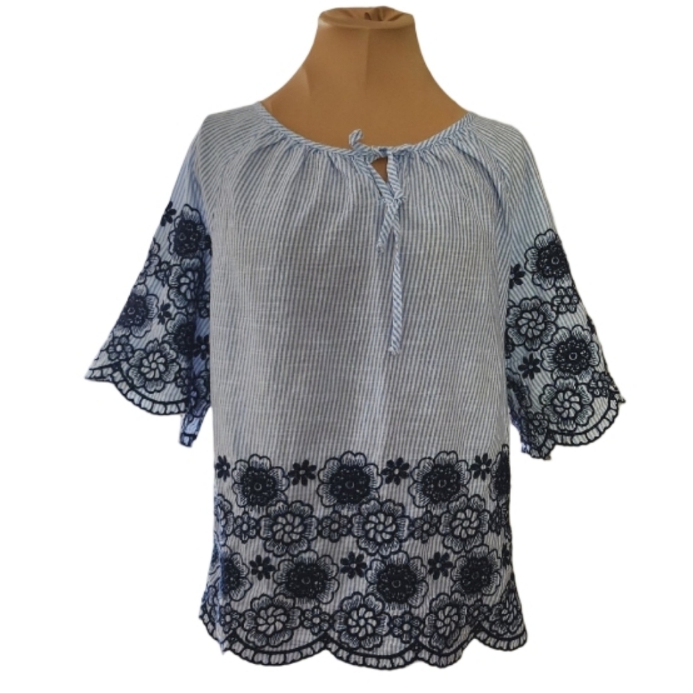 Ana & Rose Striped and Embroidered Blouse‎ Women's Large
